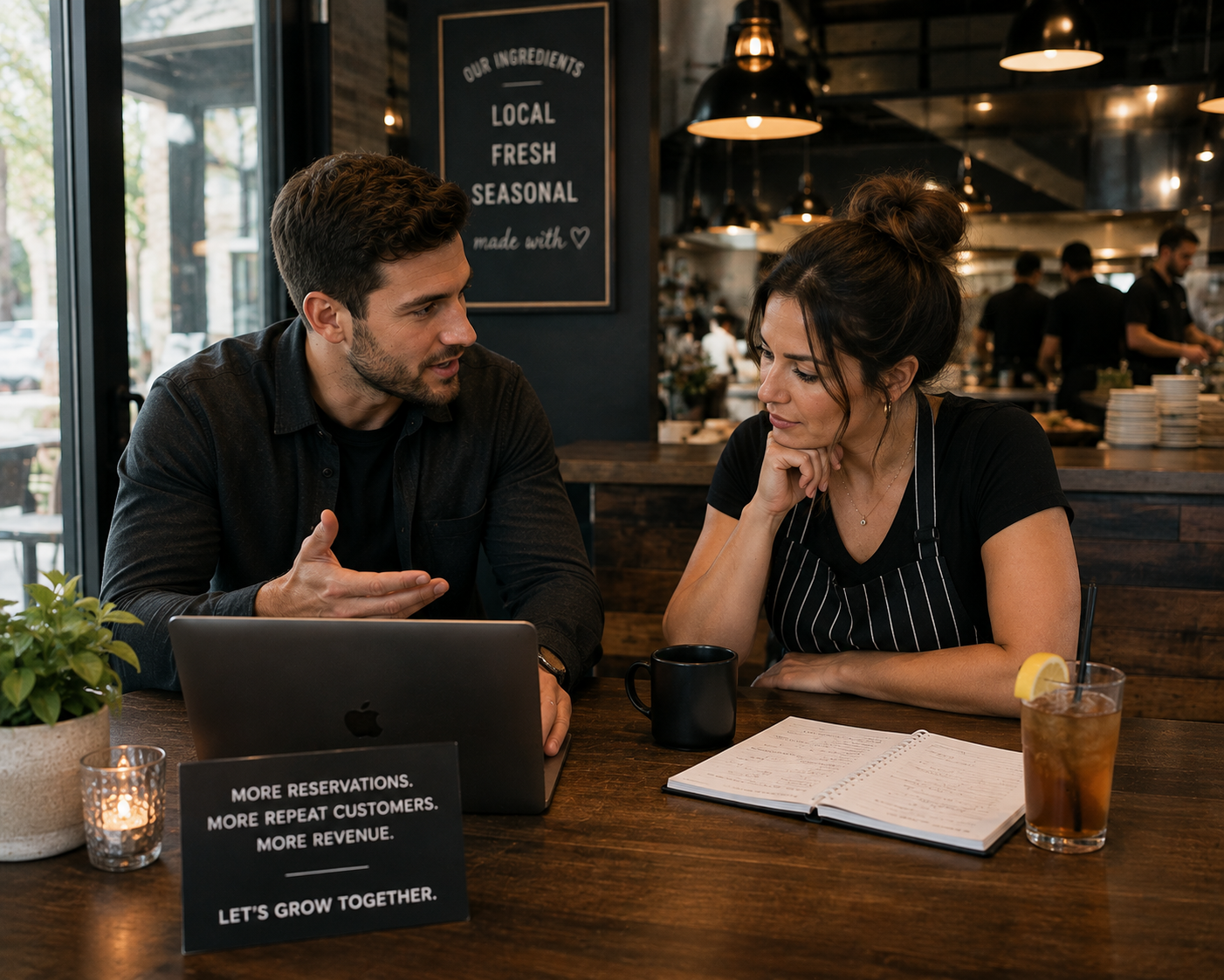 Marketing consultant meeting with a restaurant owner over a laptop