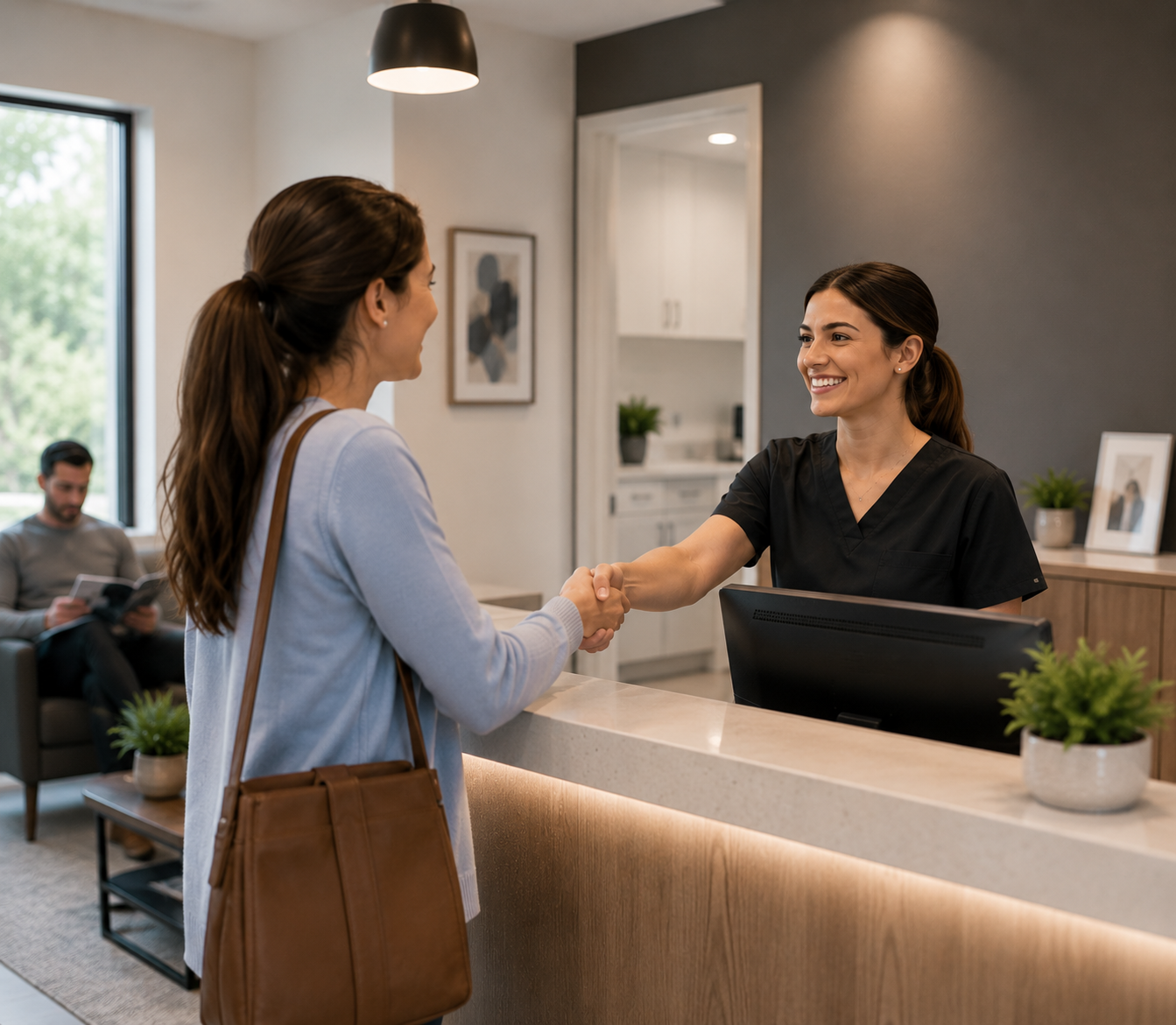 Dental practice team greeting a new patient at reception