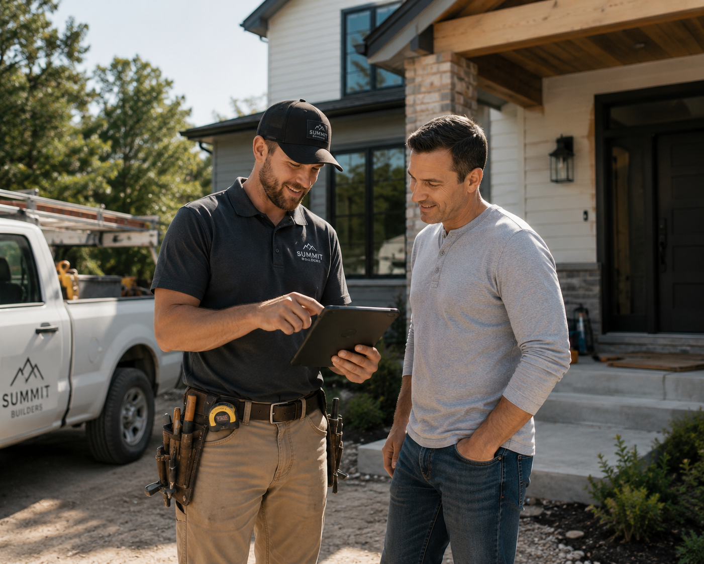Contractor reviewing plans on a tablet with a homeowner outside a home