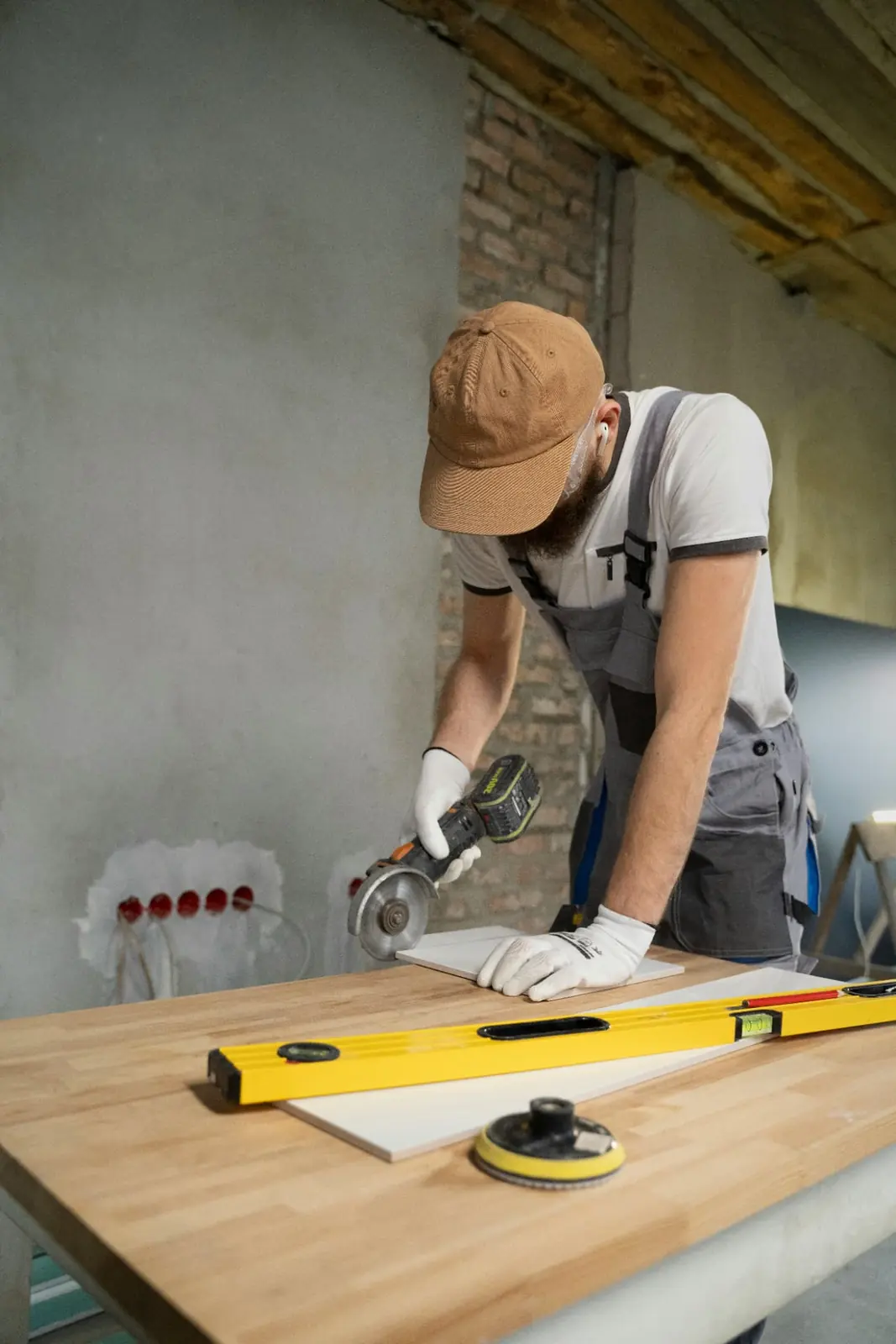 Contractor cutting tile with a grinder during a renovation project