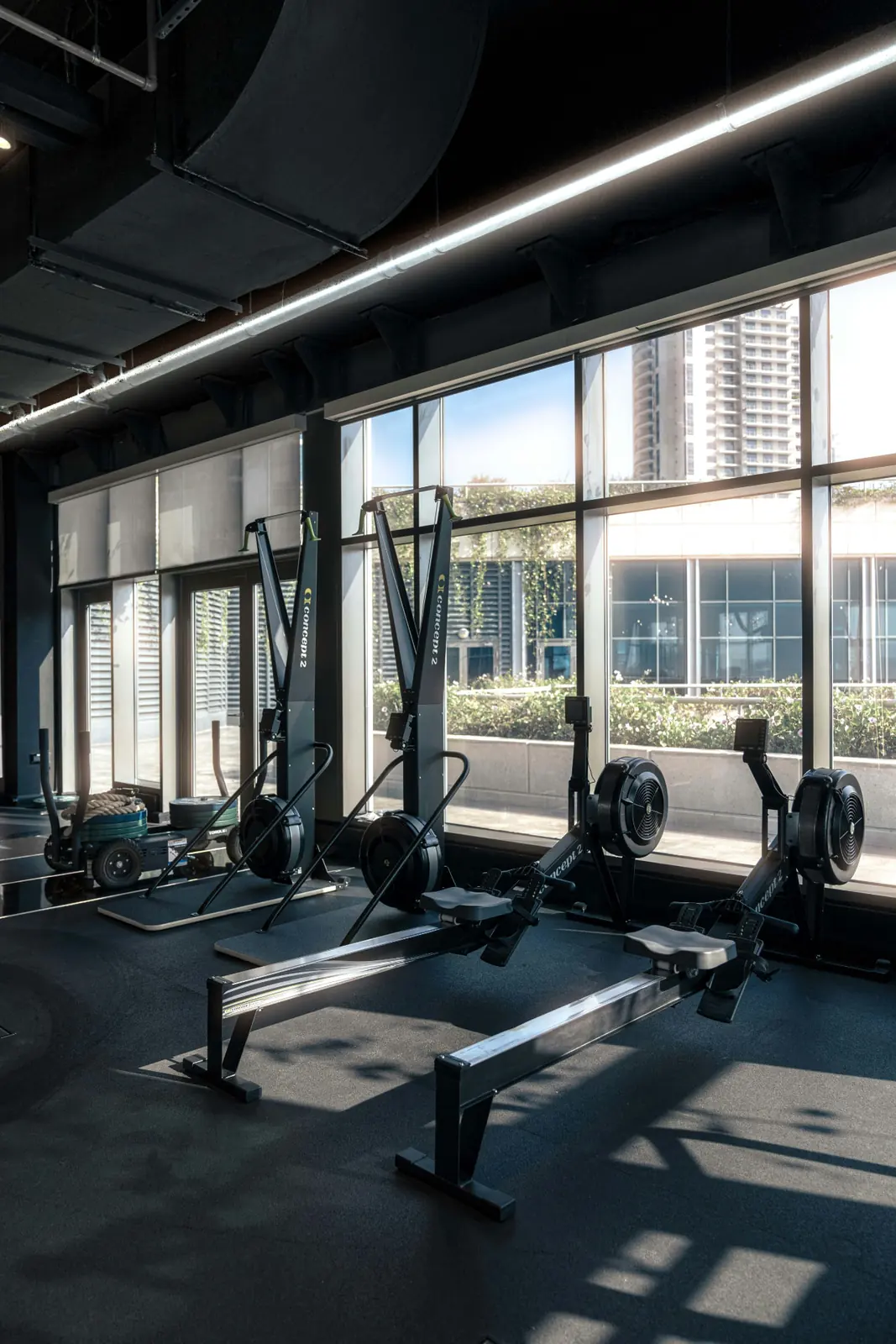 Modern gym interior with rowing machines and city views through floor-to-ceiling windows